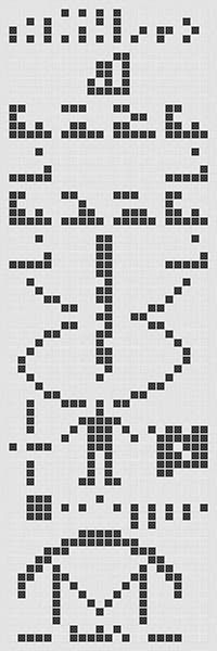 The “Arecibo message,” sent Nov. 16, 1974, from Arecibo Observatory, Puerto Rico, in the direction of the globular cluster, M13, in Hercules. Encoded data include the numbers 1-10, the formulas for DNA bases, a human figure, and an image of the Arecibo radio telescope at the bottom (Wikimedia commons)