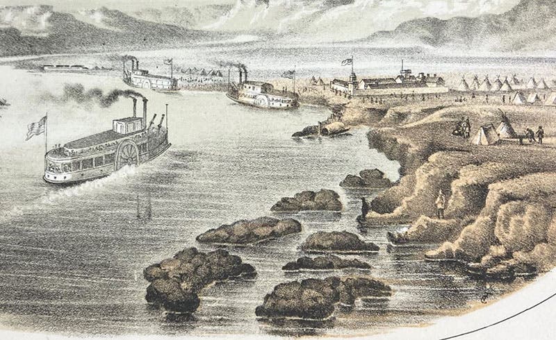Fort Benton on the upper Missouri River, detail of lithographed frontispiece by Gustav Sohon, Report on the Construction of a Military Road from Fort Walla-Walla to Fort Benton, by John Mullan, 1863 (Linda Hall Library)