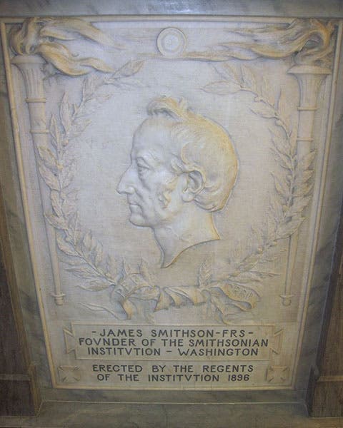 Memorial stone alongside James Smithson’s remains, crypt of the Smithsonian Institution Building, designed for the Genoa cemetery, 1896, later moved to the Smithsonian (Wikimedia commons)