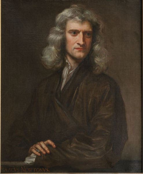 Portrait of Isaac Newton, the 2nd Lucasian Professor of Mathematics (1669-1702), oil on canvas by Godfrey Kneller, 1689, lent by the Earl of Portsmouth for exhibition at the University of Cambridge (exhibitions.lib.cam.ac.uk)