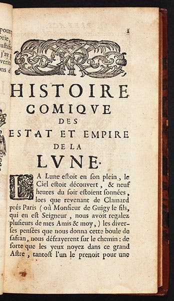 First page of “Histoire comique des Etat et Empire de la Lune,” Oeuvres, 1703 (Linda Hall Library)