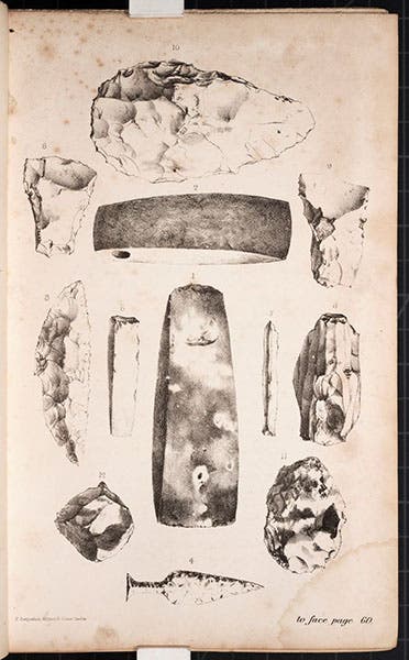 Polished stone tools from Lubbock’s “Neolithic” era, wood engraving in Prehistoric Times, by John Lubbock, 1st ed., 1865 (Linda Hall Library)