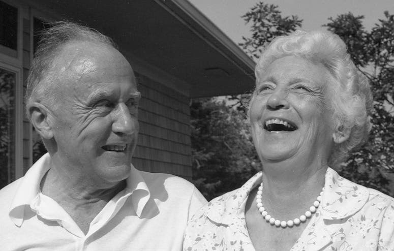 John Archibald and Janette Hegner Wheeler, at their summer home in Maine, photograph, ca 1984, Emilio Segrè Visual Archives, American Institute of Physics (repository.aip.org)