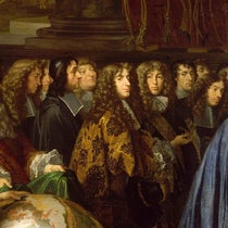 Most of the first 16 members of the Academie des Sciences, with Jean Dominique Cassini at center and Christiaan Huygens just to his right, detail of Colbert Presenting the Academie of Sciences to Louis XIV in 1667, oil on canvas, by Henry Testelin, 1675?, Versailles (Wikimedia commons)