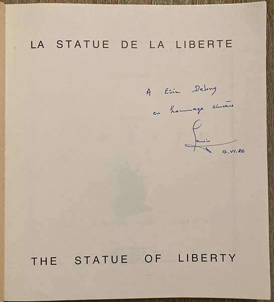 Half-title page, La Statue de La Liberte/ The Statue of Liberty (1986), with dedication by author Bertrand Lemoine to Eric DeLony, the copy now in our library (Linda Hall Library)