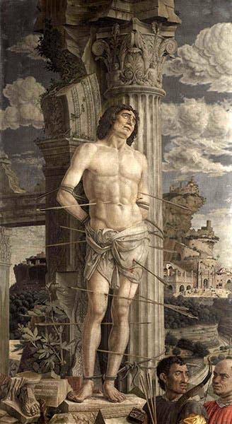 The Martyrdom of St Sebastian, by Andrea Mantegna, tempera and oil on canvas, 1480, Louvre (Wikimedia commons)