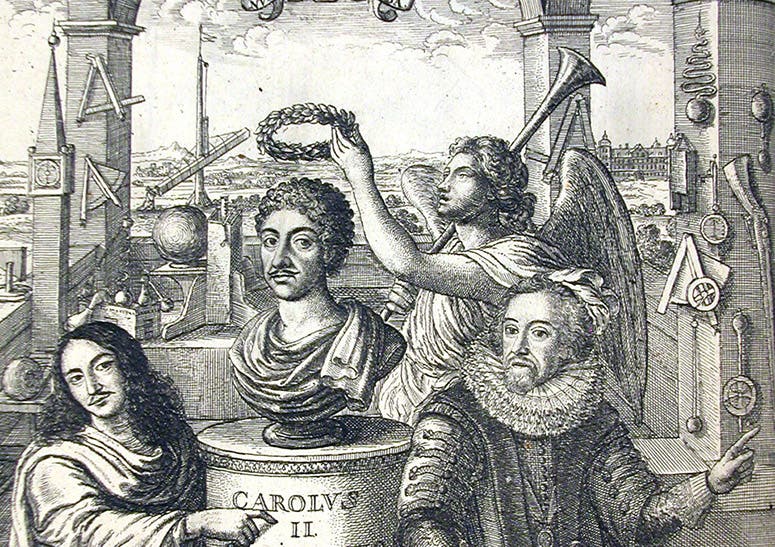 Detail of first image, showing experimental instruments, including a telescope and an air pump, in the background to the frontispiece in Thomas Sprat, The History of the Royal-Society of London, 1667; William, Viscount Brouncker is the figure at the far left  (Linda Hall Library)