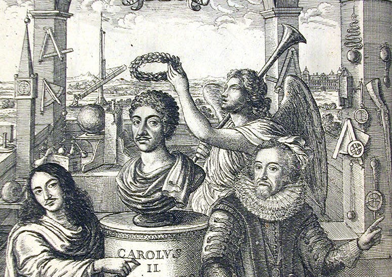 Detail of first image, showing experimental instruments, including a telescope and an air pump, in the background to the frontispiece in Thomas Sprat, The History of the Royal-Society of London, 1667; William, Viscount Brouncker is the figure at the far left (Linda Hall Library)