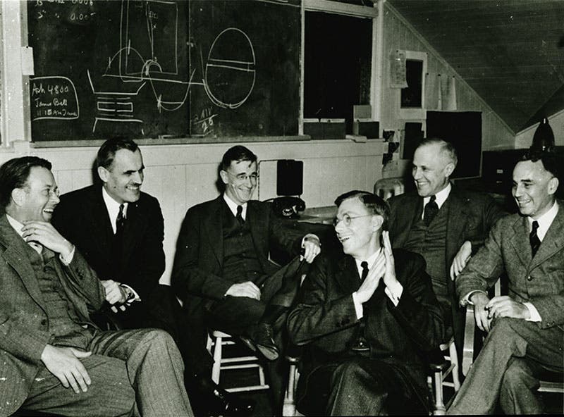 The American scientific brain-trust entering World War II; Arthur Holly Compton is second from left; the others are (l. to r.) E.O. Lawrence, Vannevar Bush, James B Conant, Karl Compton (Arthur’s older brother), and Alfred Loomis (bancroft.berkeley.edu)