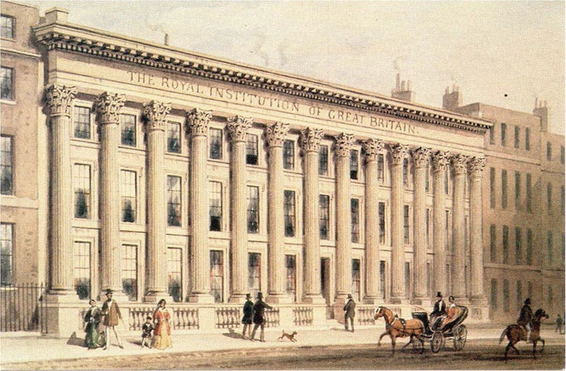 Façade of the Royal Institution of Great Britain, Albemarle Street, London, engraving, 1838 (Wikimedia commons)