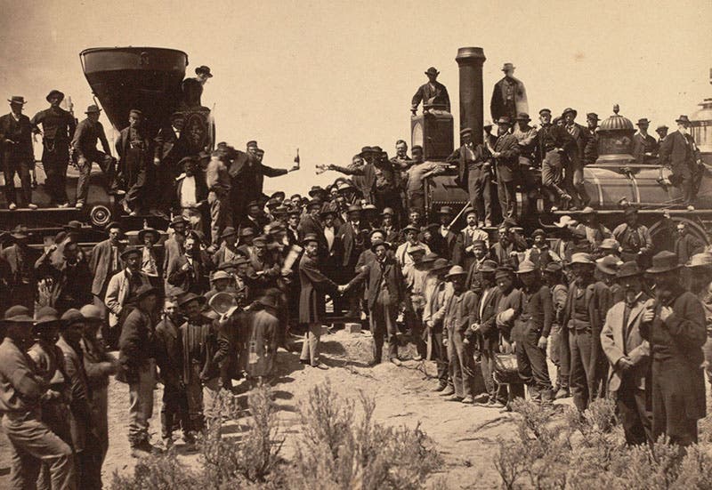 “East and West Shaking Hands at Laying of Last Rail,” Promontory Summit, Utah, imperial collodion glass negative, by Andrew J. Russell, May 10, 1869, Gilder Lehrman Collection (gilderlehrman.org)