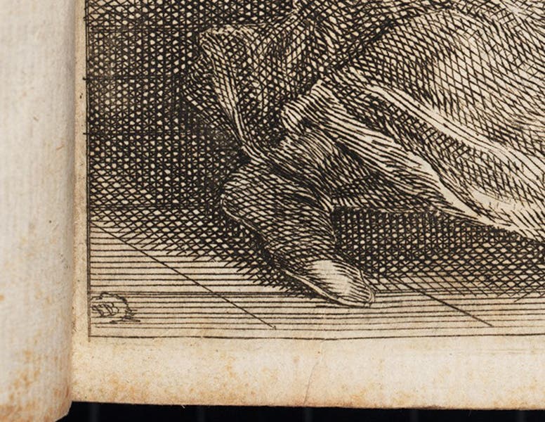 “SDB,” the mark of Stefano della Bella, detail of frontispiece to Galileo’s Opere (fourth image), bottom left, (Linda Hall Library)