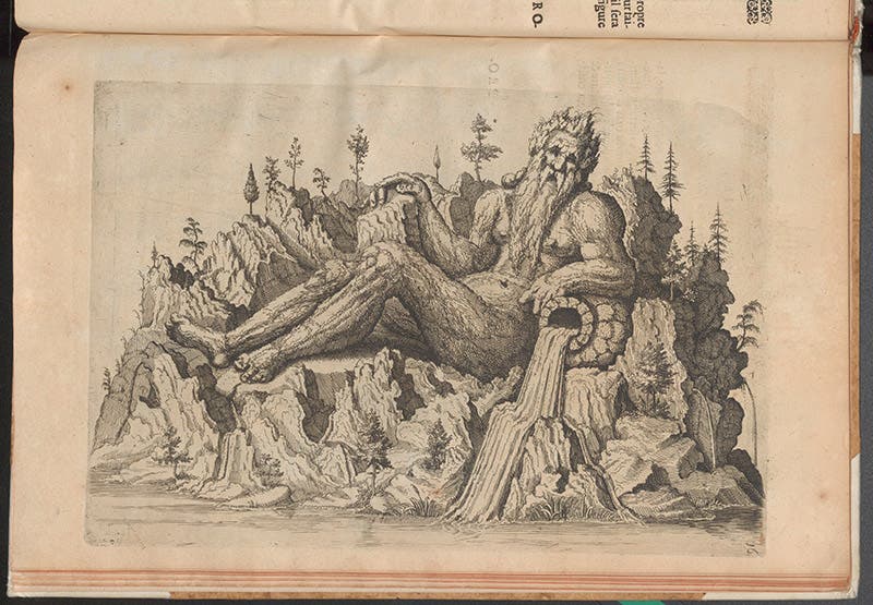 River god, engraving, Salomon de Caus, Les raisons des forces mouvantes, 1615 (Linda Hall Library)