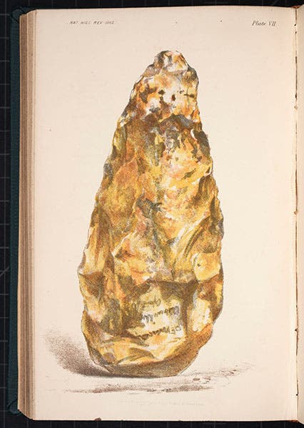 An Abbeville hand axe, given to John Lubbock by Jacques Boucher de Perthes, hand-colored lithograph, Natural History Review, vol. 2, 1862 (Linda Hall Library)