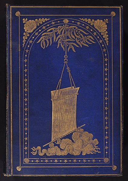 Gold embossed front cover, showing a deep-sea dredge, The Depths of the Sea, by Charles Wyville Thomson, 1873 (Linda Hall Library)