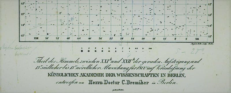 Detail of Carl Bremiker star chart of hour circle 21, with annotations pointing to the position of a new planet predicted by Urbain LeVerrier (square box) and the position of the planet discovered by Johann Galle on Sep. 23, 1846; present location unknown (indico.desy.de)