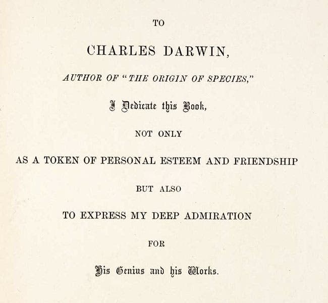 Dedication to Charles Darwin, The Malay Archipelago, by Alfred Russel Wallace, vol. 1, 1869 (Linda Hall Library)