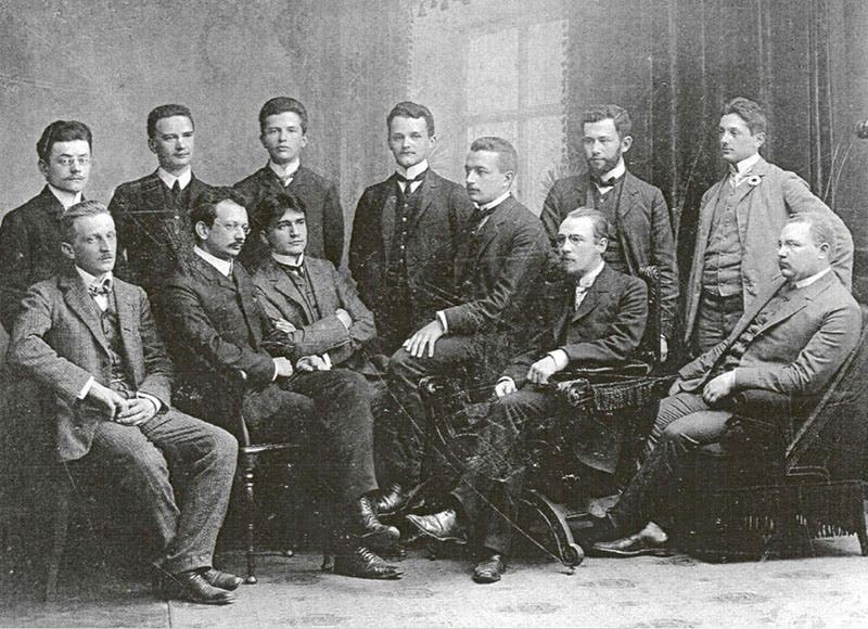 Polish math students at Göttingen, group photograph, 1907; Hugo Steinhaus is standing at far right, 20 years of age (Wikimedia commons)