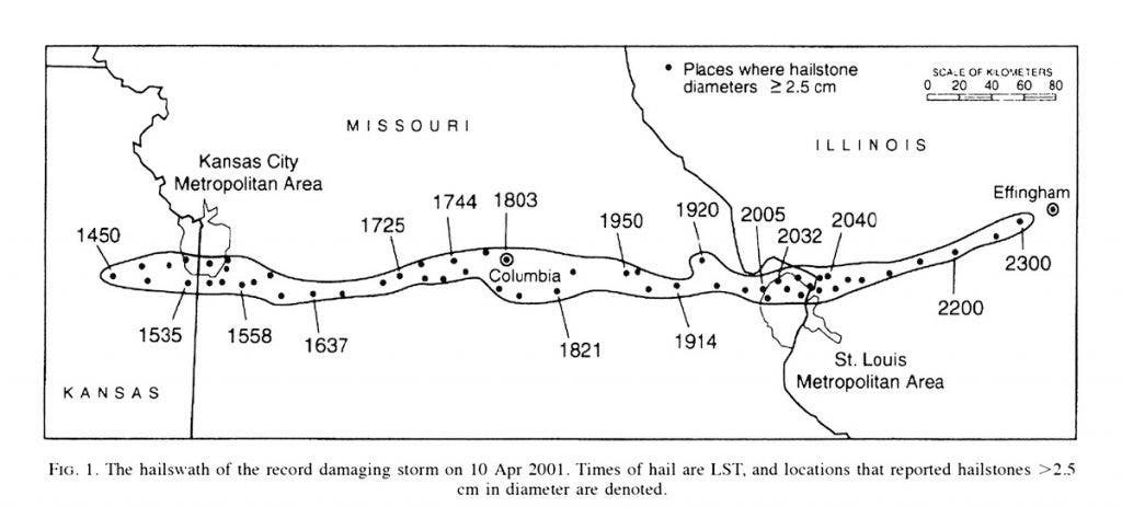 Image source: Changnon, Stanley A. and Jonathan Burroughs. “The Tristate Hailstorm: The Most Costly on Record.” Monthly Weather Review, vol. 131, no. 8, 2003, p. 1735. View Source