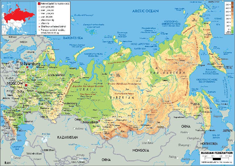 Modern map of Russia, with the trans-Siberian highway running across the bottom from St. Petersburg and Moscow to the Sea of Okhotsk. The Taymyr Peninsula explored by Middendorff is at top center, jutting into the Arctic Ocean. The Sea of Okhotsk is a 5300-mile trek by cart or carriage from Moscow (worldometers.info). 