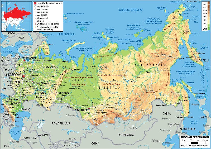 Modern map of Russia, with the trans-Siberian highway running across the bottom from St. Petersburg and Moscow to the Sea of Okhotsk. The Taymyr Peninsula explored by Middendorff is at top center, jutting into the Arctic Ocean. The Sea of Okhotsk is a 5300-mile trek by cart or carriage from Moscow (worldometers.info).