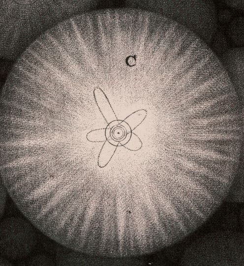 Detail of fourth image, showing the star Sirius with its proposed planets, and also revealing the rocker marks of the mezzotint (Linda Hall Library)