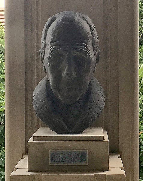 Bust of Niels Bohr, sculpted by Kurt Harald Isenstein, 1955, on the balcony of the Linda Hall Library (Linda Hall Library)