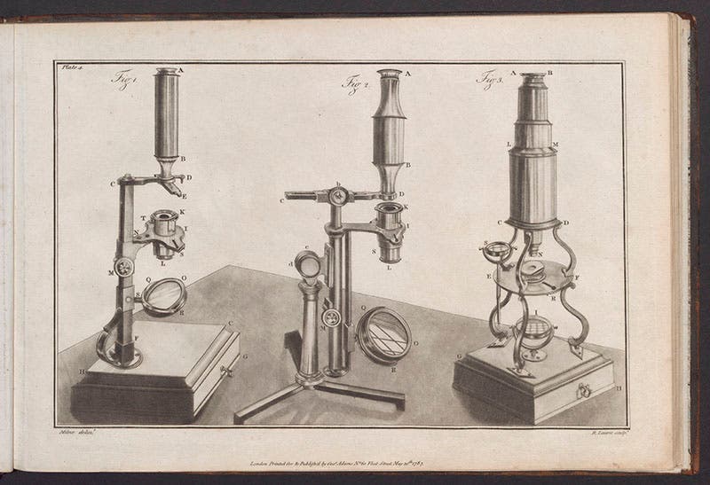 Three compound microscopes designed and constructed by George Adams, Jr., from his Essays on the Microscope, 1787 (Linda Hall Library)