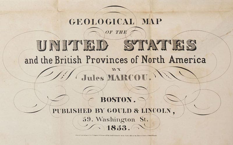 Title panel from the map (not the title page of the book), Jules Marcou, A Geological Map of the United States of America, 1853 (Linda Hall Library)