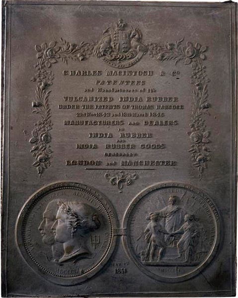 Plaque of vulcanized rubber, made by Chas. Macintosh and Sons for the 1851 Crystal Palace Exhibition, Science Museum, London (collection.sciencemuseumgroup.org.uk)