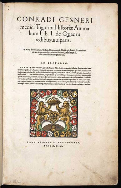 Title page, Conrad Gessner, Historia animalium, vol. 1, 1551, copy formerly belonging to Charles Kofoid (Linda Hall Library)