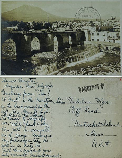 Postcard sent by Margaret Harwood from the Harvard Station at Arequipa, Peru, 1923 (photos by Caroline Freeman)