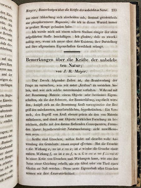 First page of "Bemerkungen über die Kräfte der unbelebtn Nature" (“Remarks on the forces of inanimate nature”), by J. R. Mayer, Annalen der Chemie und Pharmacie, vol. 42, 1842 (Linda Hall Library)