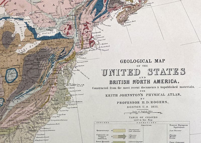 “Geological map of the United States and British North America,” by Henry Darwin Rogers, detail of colored engraving, The Physical Atlas of Natural Phenomena, a new and enl. ed., by Alexander Keith Johnston, plate 8, 1856 (Linda Hall Library)