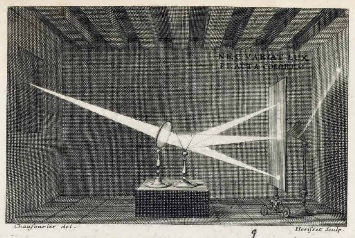 Headpiece depicting Isaac Newton’s experimentum crucis, after a diagram by Isaac Newton sent to Pierre Varignon, engraving in Newton’s Traité d’optique, trans. by Pierre Coste, 1722; copy auctioned by Christie’s, Dec. 2, 2010 (christies.com)
