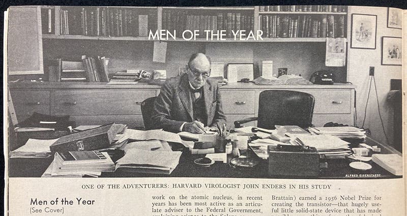 Beginning of cover story, “Men of the Year,” with photo of John Enders at work, Time magazine, p. 40, Jan. 2, 1961 (author’s copy)