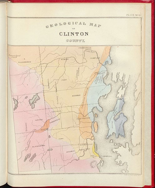 Map of Clinton County, with Lake Champlain on the right, hand-colored engraving, Ebenezer Emmons, Geology of New York, vol. 2, 1842 (Linda Hall Library)