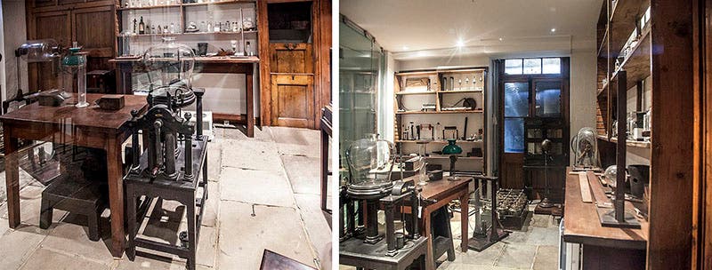 Two views of the Faraday Museum inside the Royal Institution, displaying Faraday’s original laboratory of the 1850s, modern photos (Wikimedia commons)