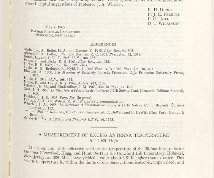 Detail of first page of paper by Arno Penzias and Robert W. Wilson on detecting the cosmic background radiation, Astrophysical Journal, vol. 142, 1965 (Linda Hall Library)