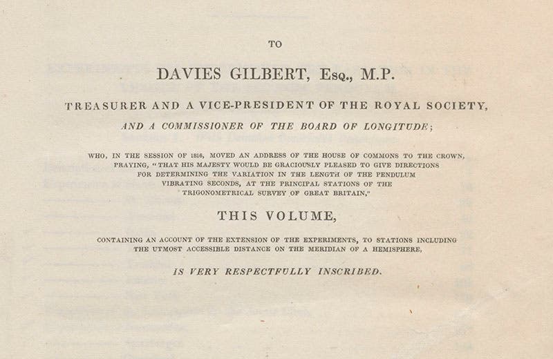Dedication to Davies Gilbert by Edward Sabine, where he describes Gilbert’s importance for the pendulum survey, in his Account of Experiments, 1825 (Linda Hall Library)