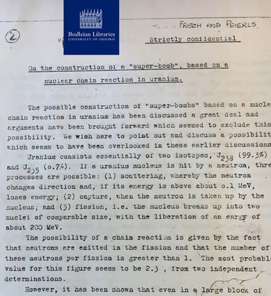 Page 1 of an original copy of the Frisch-Peierls Memorandum, drafted in March 1940, now in the Bodleian Library, Oxford (x.com/bodleianlibs)