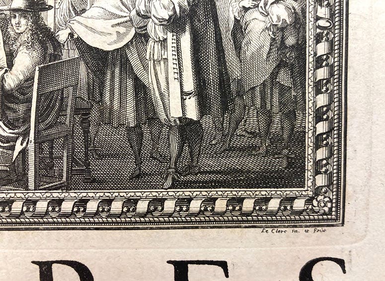 Detail of headpiece showing anatomists at work, with signature of the engraver, Sébastien Le Clerc, and his self-portrait at upper left, in Mémoires pour servir à l'histoire naturelle des animaux, by Claude Perrault, p. 1, 1676 (Linda Hall Library)