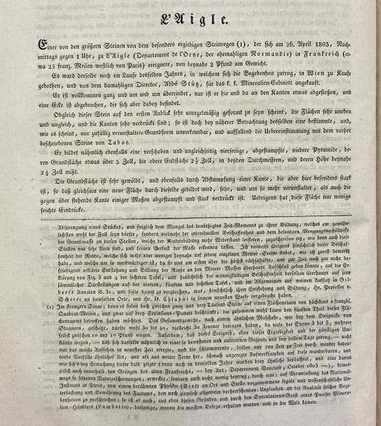 Description of the meteorite fall at l’Aigle, in Beytrage zur Geschichte und Kenntniss meteorischer Stein- und Metall-Massen, by Karl von Schreibers, 1820 (Linda Hall Library)