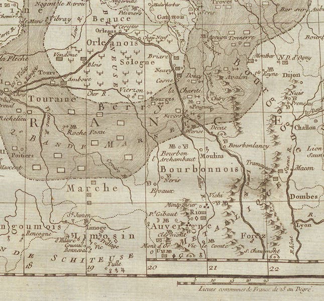 Detail of second mineralogical map, showing Clermont and the Auvergne region at the bottom, where Jean-Étienne Guettard discovered volcanic rocks, in Memoires de l’académie royale des sciences pour 1746 (Linda Hall Library)