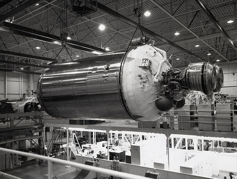 A Centaur upper-stage rocket, designed by Krafft Ehricke, during assembly in 1962, NASA photograph (celestis.com)