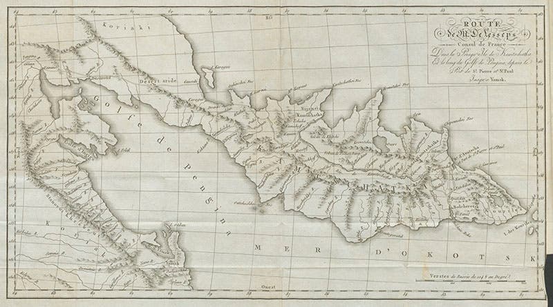 Map of de Lesseps travels on the Kamchatka peninsula in 1787, engraved frontispiece to Barthélemy de Lesseps, Journal historique du voyage, vol. 1, 1790 (Linda Hall Library)