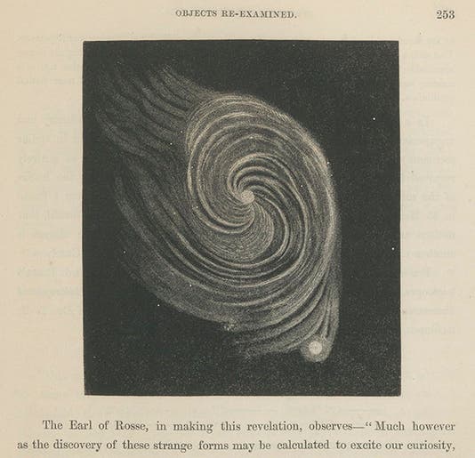 M51, the Whirpool nebula, wood engraving, from William H. Smyth, <i>Cycle of Celestial Objects Continued</i>, 1860 (Linda Hall Library)