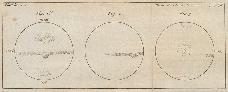 Three drawings of Mars made during the 1704 opposition, engraving, in Giacomo Maraldi, "Observations sur les taches de Mars", Memoires de l'Academie Royale des Sciences, 1706 (Linda Hall Library)