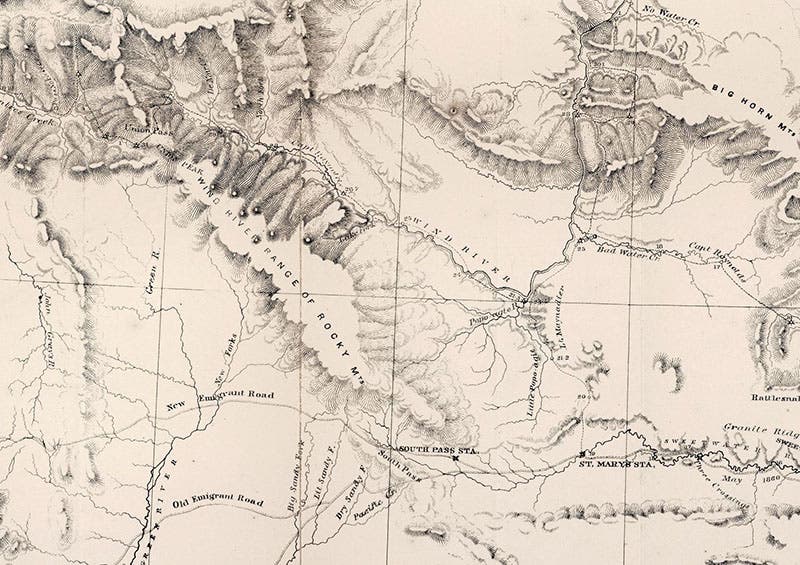Detail of the Wind River Range and South Pass; the Oregon Trail is marked as the ‘Old Emigrant Road’, the Lander Cut-off as the ‘New Emigrant Road,’ “Map of the Yellowstone and Missouri Rivers and their Tributaries,” by William F. Raynolds and H.E. Maynadier, 1868, David Rumsey Map Collection`(davidrumsey.com)
