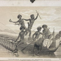 Torres Strait Islanders, similar to as those who rescued Barbara Crawford Thompson from a shipwreck and took her to Muralag Island, lithographed frontispiece, Narrative of the Voyage of H.M.S. Rattlesnake, commanded by the late Captain Owen Stanley... during the years 1846-50, by John MacGillivray, vol. 1, 1852 (Linda Hall Library)